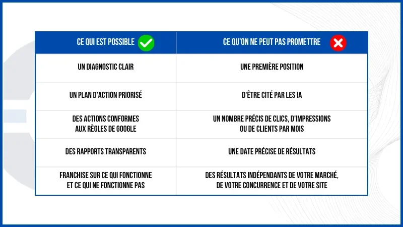 Comparaison en deux colonnes : ce qu'une agence SEO peut promettre (diagnostic, plan d'action, conformité, rapports, transparence) et ce qu'elle ne peut pas promettre (première position sur Google, citation par les IA, nombre de clics)