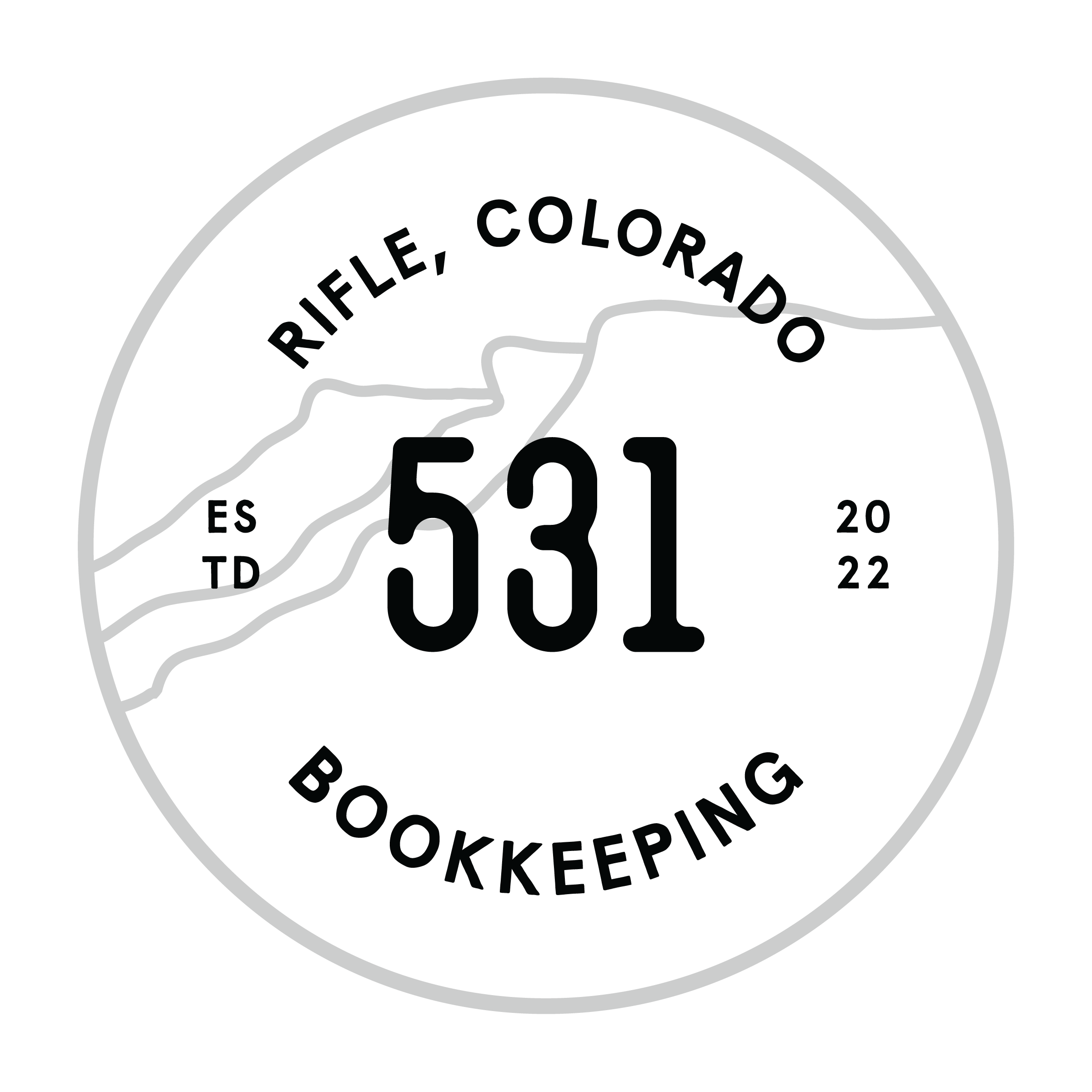 Black and white circular logo with text and an outline of the Roan in Rifle, CO. The text includes "Rifle, CO," letters, and the word "Bookkeeping" at the bottom.