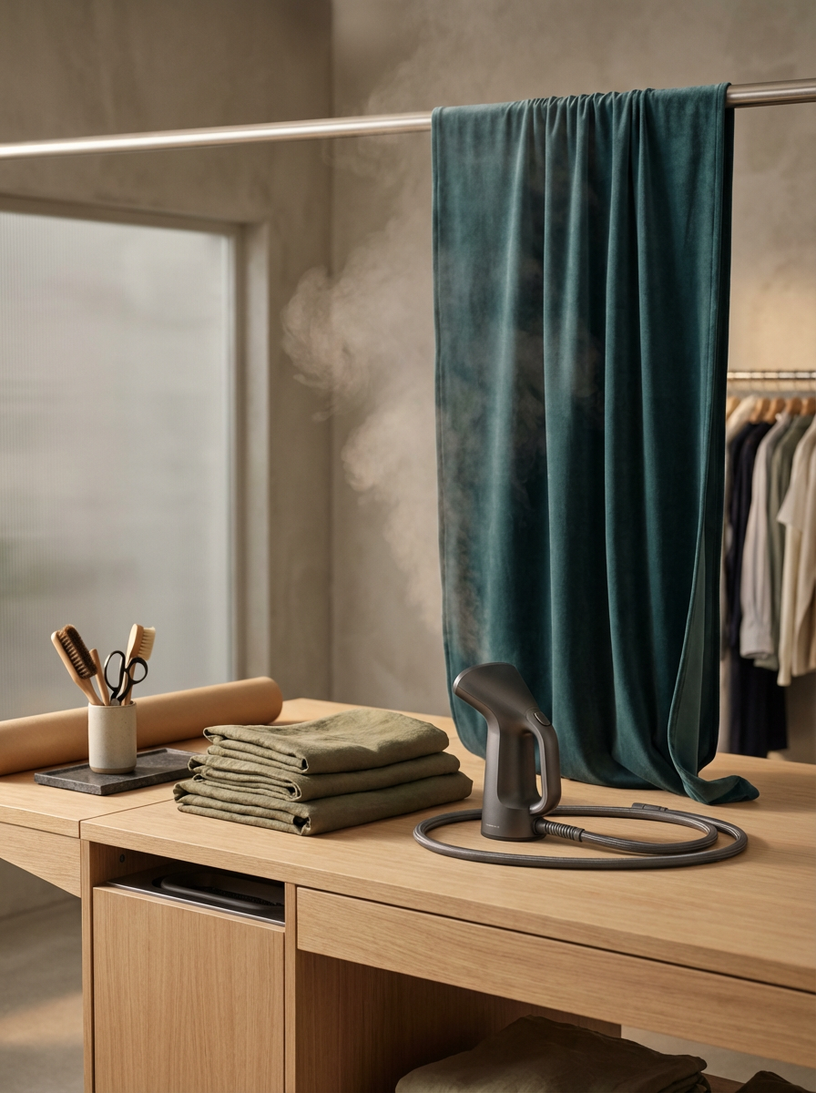Steam coming from a clothing steamer in a retail store fitting room with a curtain, folded shirts, and grooming tools on a wooden counter.