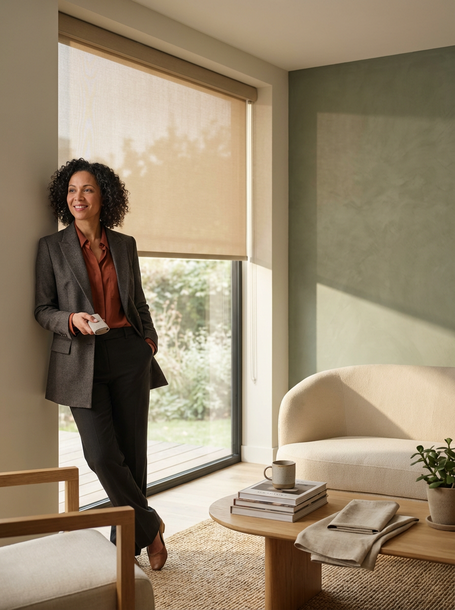 A woman with curly black hair dressed in a red shirt, gray blazer, and black pants, smiling and holding a remote control while standing in a well-lit living room near a large window with beige blinds.