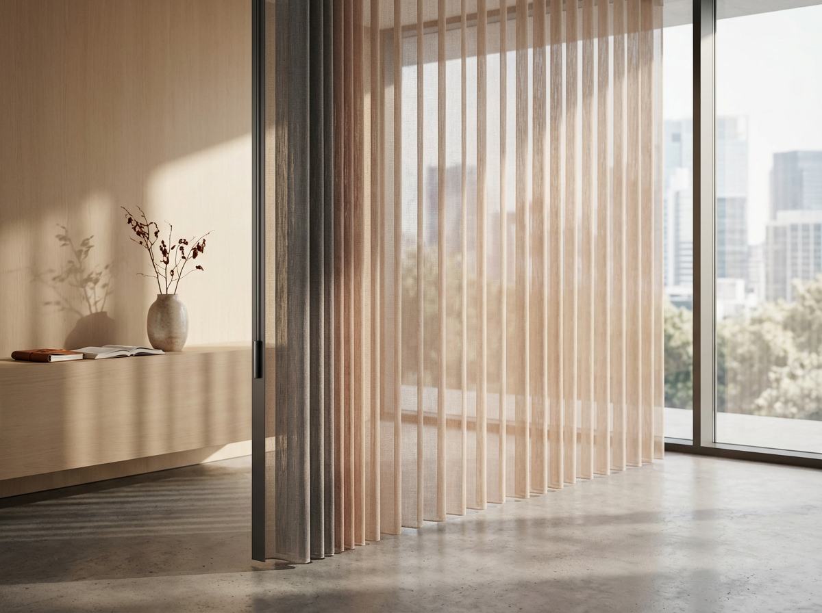 Interior of a modern room featuring a wooden sideboard with a vase and open book, and beige curtains with vertical slats covering large windows with cityscape view.
