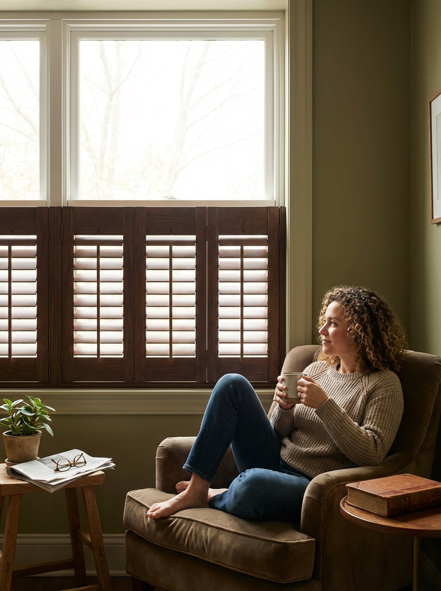 A woman sitting on a beige armchair indoors, near a window with wooden shutters, holding a mug and relaxing, with a small wooden table beside her holding a potted plant, glasses, newspapers, and a book.