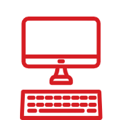 Outline of a computer monitor and keyboard in red outline.