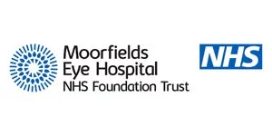Moorfields Eye Hospital NHS Foundation Trust logo with NHS initials and blue circular design.