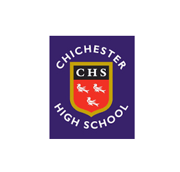 Chichester High School logo with purple background, featuring a crest with a red shield, white birds and lions, and the school initials, surrounded by the school name.