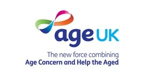 Age UK logo with colorful heart symbol and the tagline 'The new force combining Age Concern and Help the Aged'.