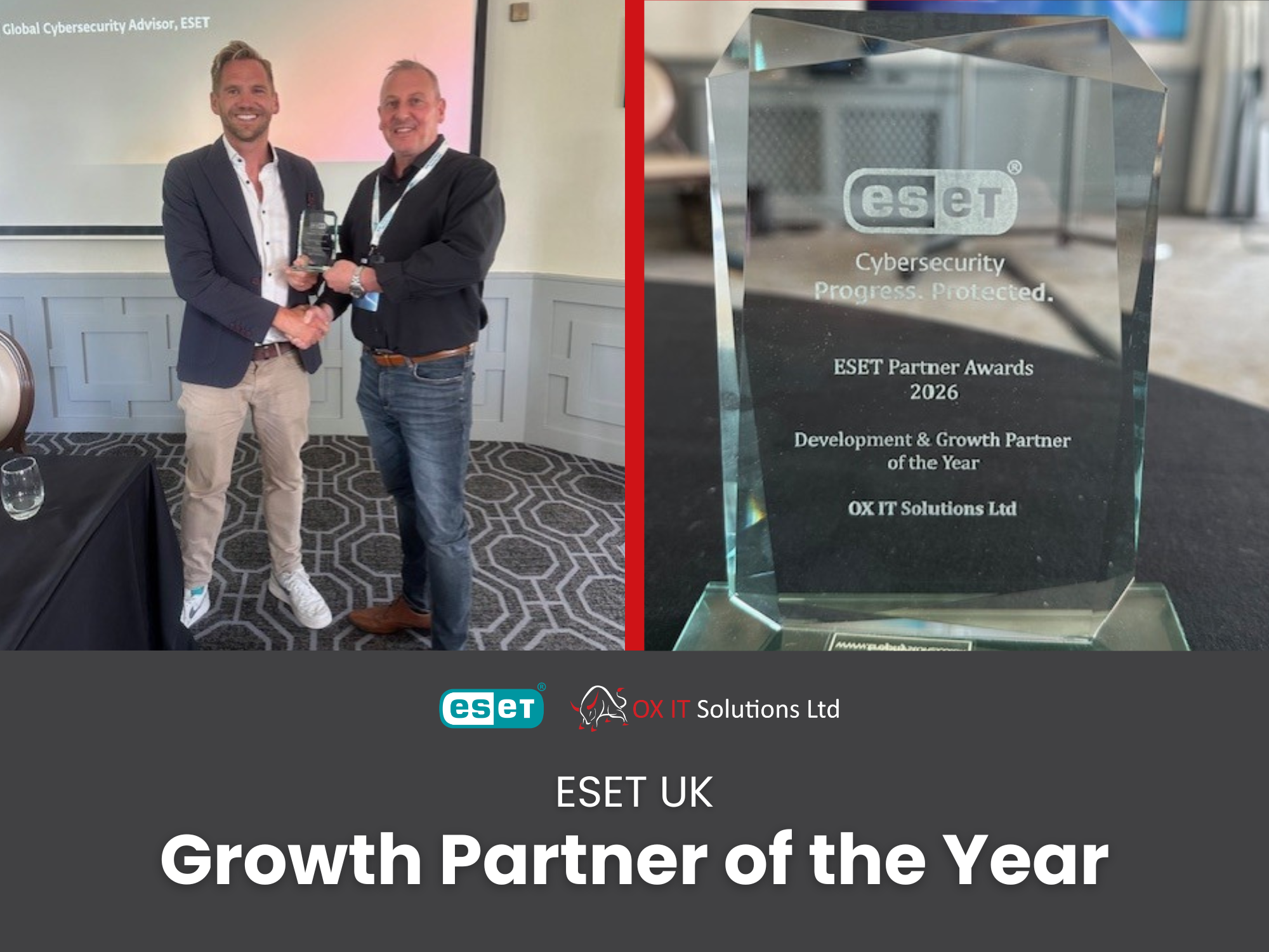 Two men in business attire shaking hands and holding an award trophy during a corporate event, with a presentation screen in the background. The right side shows a glass award engraved with the ESET logo, mentioning the ESET Partner Awards 2026, reco