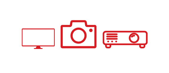 Icons of a computer monitor, camera, and projector in red outline.
