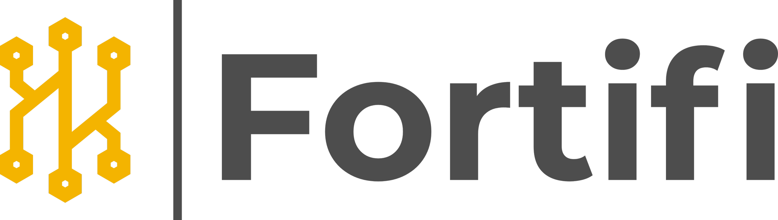 Fortinet logo with a yellow honeycomb pattern on the left and the word 'Forti' in large dark gray letters on a black background.