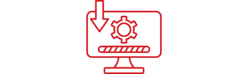 Red line drawing of a computer monitor with a gear icon and an arrow pointing down, indicating download or update process.