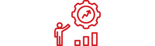 A person pointing at a rising bar graph with a gear icon above them, symbolizing growth and progress.