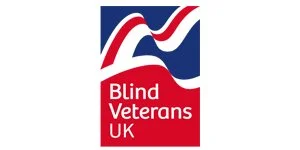 Logo of Blind Veterans UK featuring a stylized flag design and text