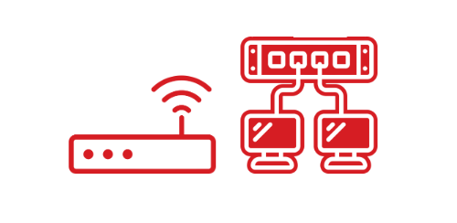 Drawing of a Wi-Fi router connected to a network panel or server with two devices connected. The illustration is in red on a black background.