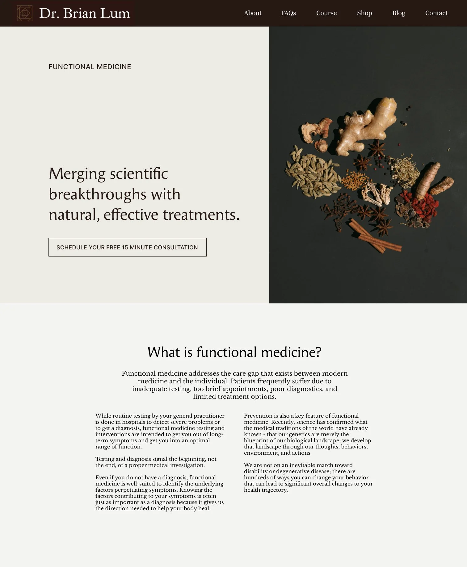 Webpage screenshot for Dr. Brian Lum's functional medicine website. The page features a header with navigation links, a section with text about merging scientific breakthroughs with natural treatments, and an image of various herbs and spices on the right side.