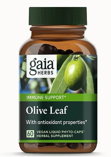 Bottle of Gaia Herbs Olive Leaf herbal supplement with green cap and label showing an olive and leaves.