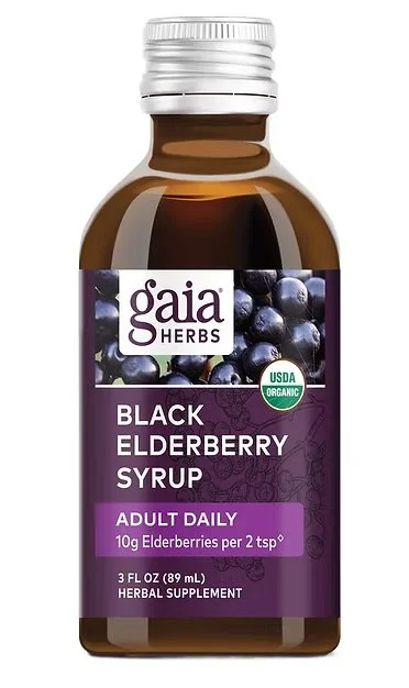 A bottle of Gaia Herbs Black Elderberry Syrup for adults, USDA Organic, 3 fluid ounces, with a white cap and label featuring images of elderberries.