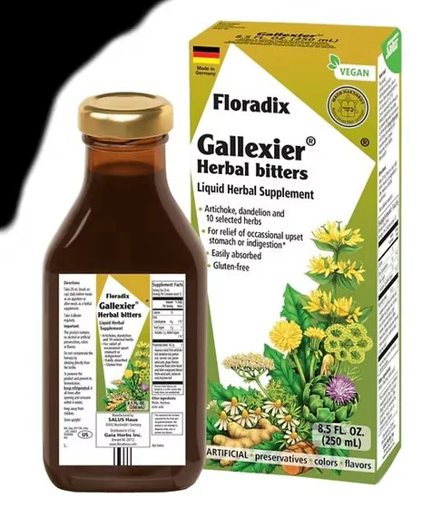 A bottle of Floradix Gallexier herbal bitters liquid supplement next to its yellow and green packaging box, featuring illustrations of herbs and flowers.