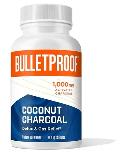 Bottle of Bulletproof coconut charcoal dietary supplement with 90 vegan capsules