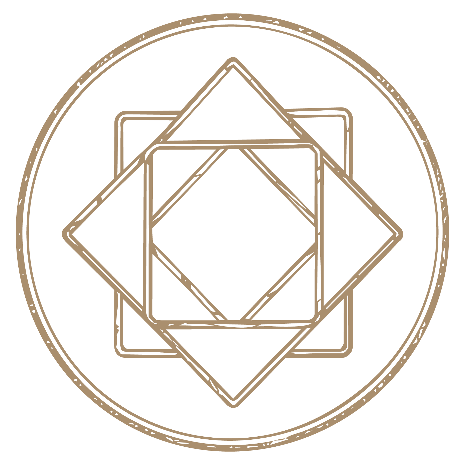 A graphic design featuring geometric shapes, including squares and triangles, within a circular border.