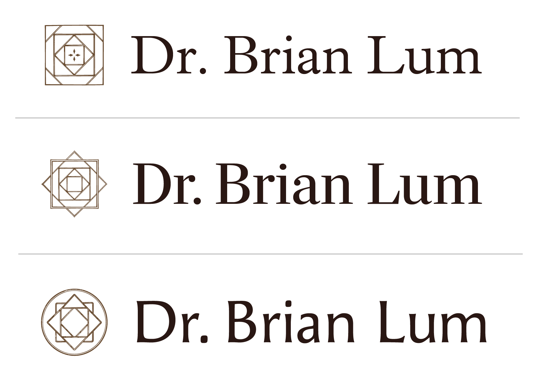 The image contains three logos for Dr. Brian Lum, each with a geometric icon on the left and the name "Dr. Brian Lum" on the right, separated by horizontal lines. The logos use a dark and brown color scheme.