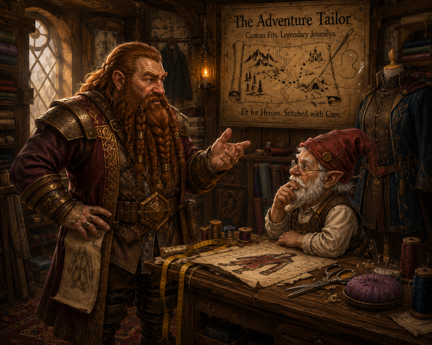 A fantasy scene inside a tailor shop with two male characters. One is a bearded man with long hair and elaborate armor, speaking confidently. The other is an older, dwarf-like man wearing a red hat, sitting at a sewing desk with various fabrics and sewing tools. A sign on the wall reads "The Adventure Tailor, Custom Fits. Legendary Journeys," with a map and sketches related to tailoring or adventure.