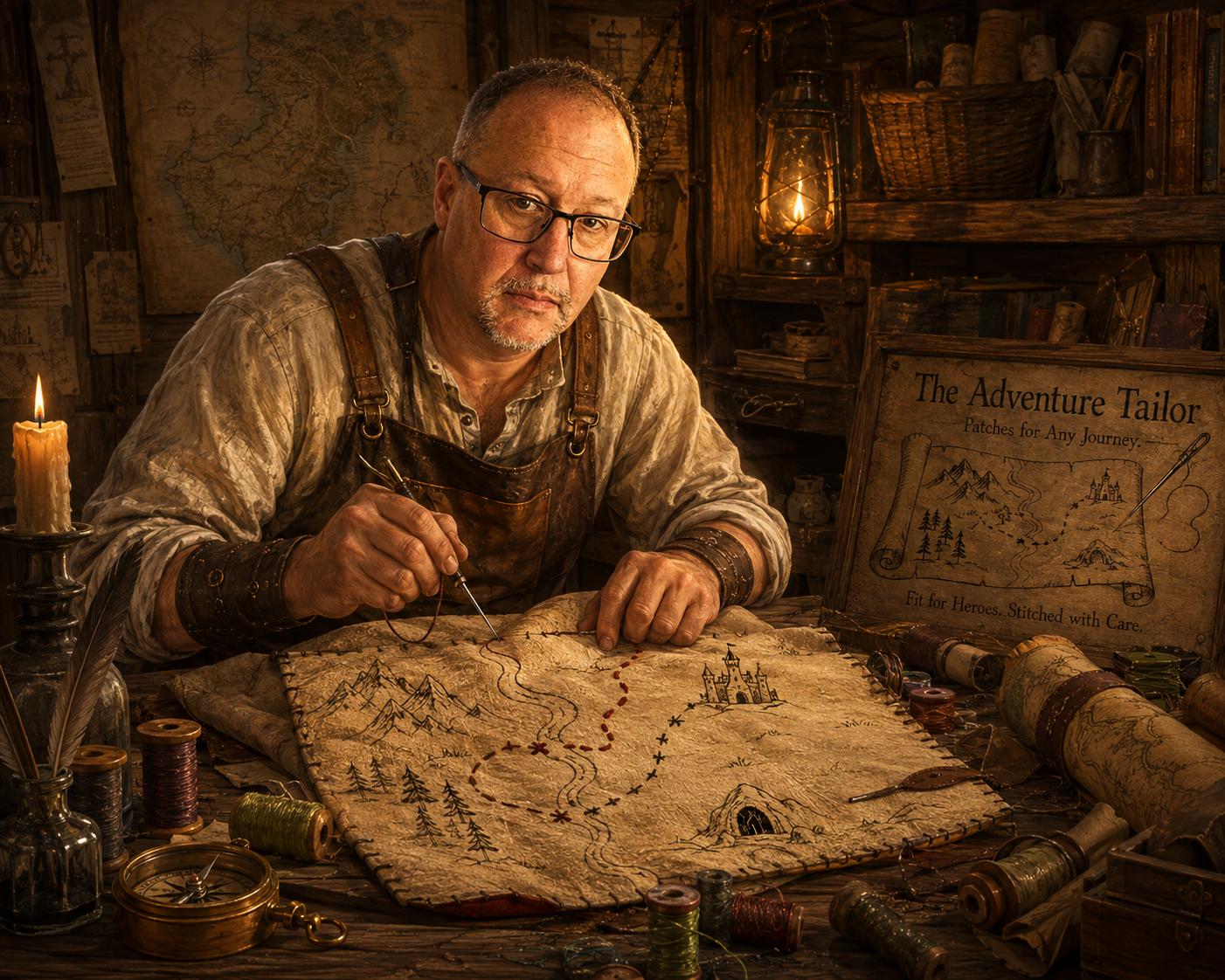 A man dressed as a medieval adventurer, wearing glasses and leather armor, sits at a wooden table covered with old maps, spools of thread, and an oil lantern. He is holding a needle and working on a detailed map with mountains, forests, and roads. There is a lit candle, a compass, and a display board labeled "The Adventure Tailor: Patches for Any Journey" in the background, within a rustic wooden room filled with books and parchment.