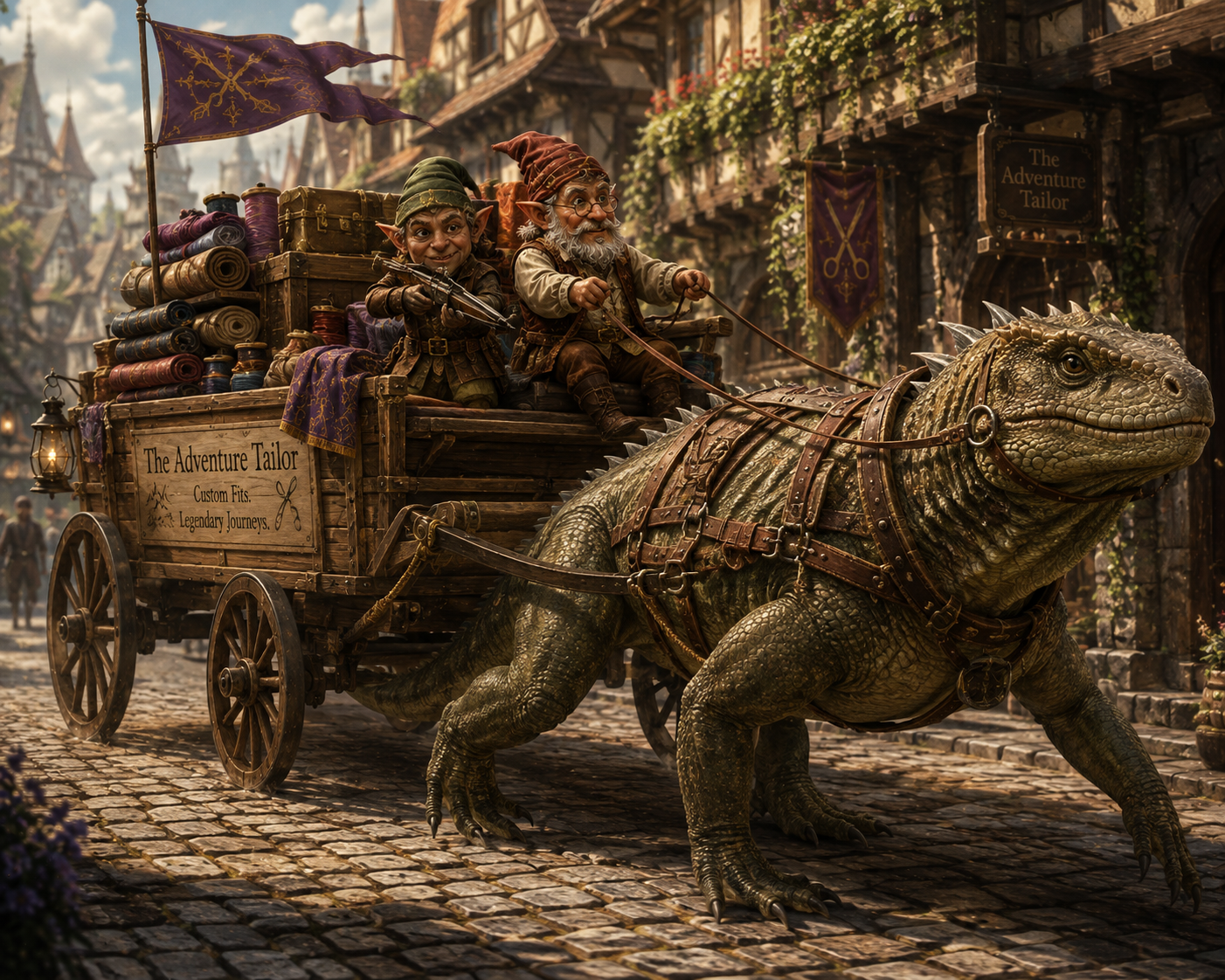 A fantasy scene of two elves riding a large, armored lizard cart through a medieval town with cobblestone streets, shops, and buildings with flowers on the balconies.