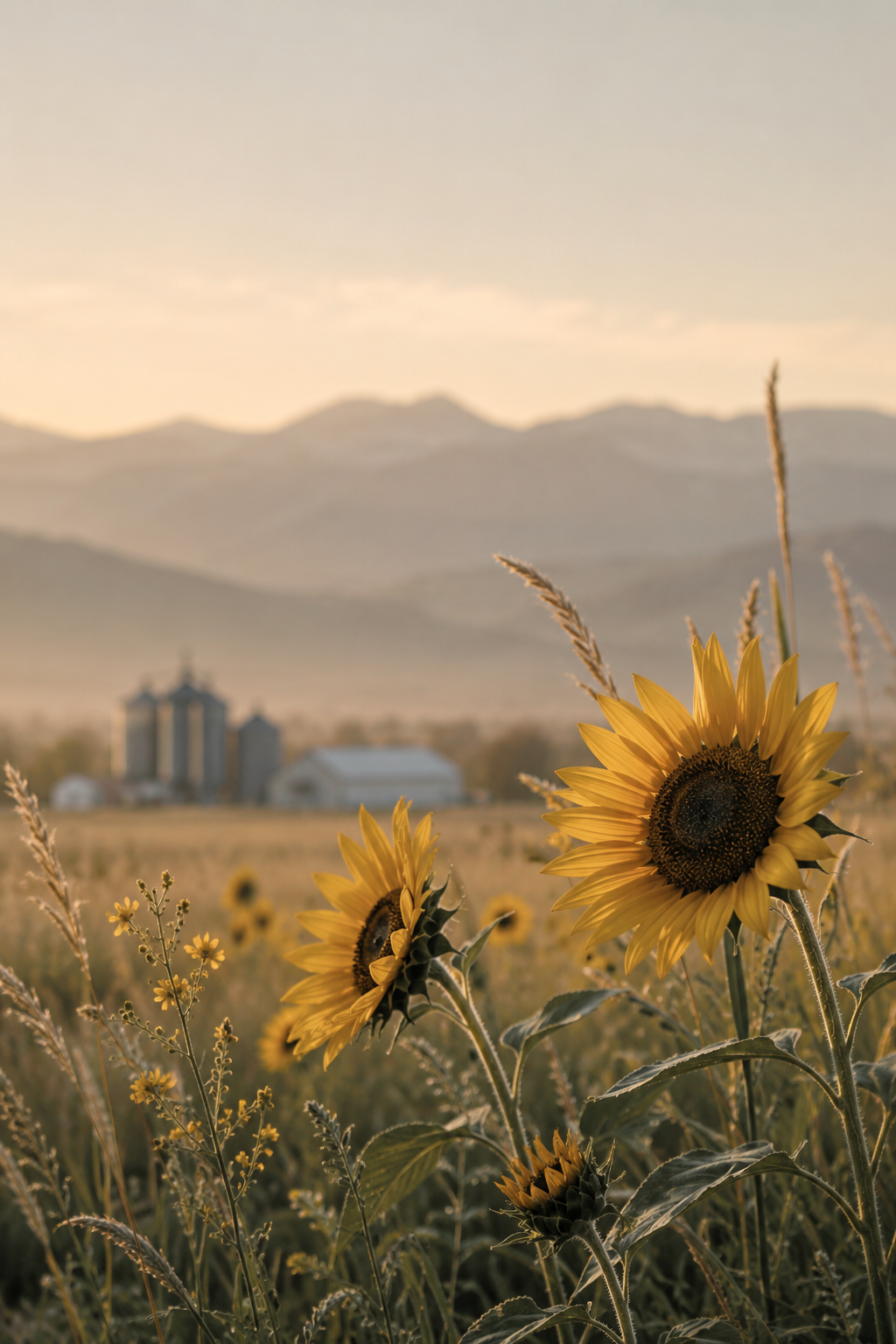 Sunflowers in front of a farm with grain silos and distant mountains at sunset