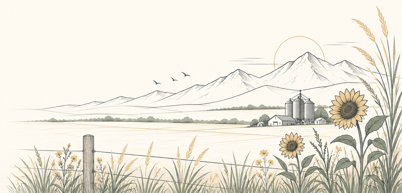 Line drawing of a Colorado prairie with a fence, sunflowers, grain silos and mountains