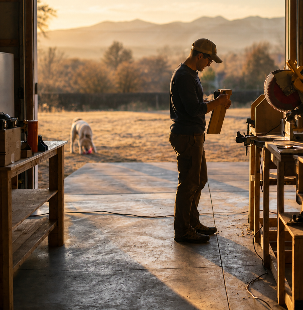 Dan working in his woodshop at sunrise, with open fields and mountains behind him