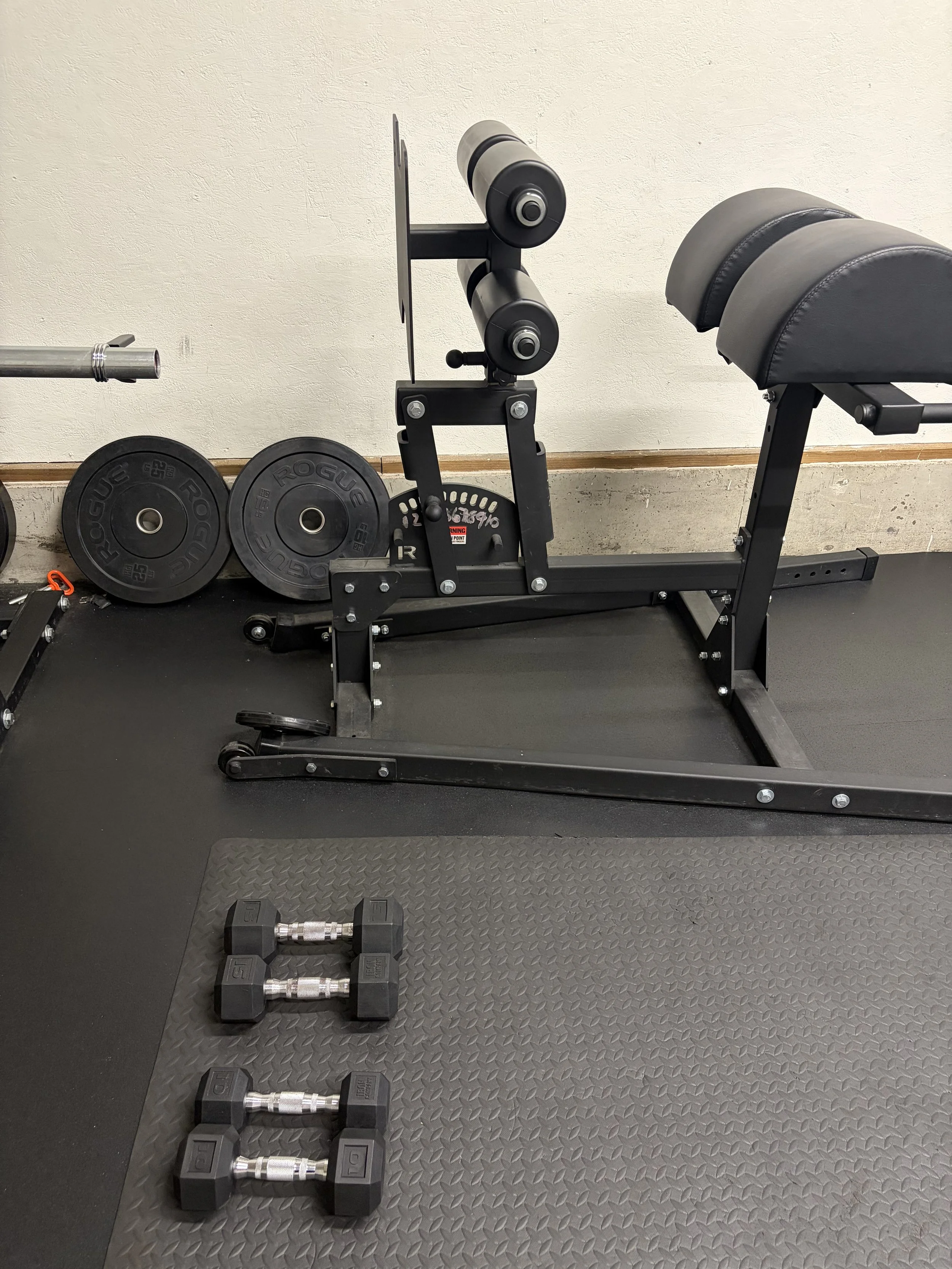 Gym equipment including a seated ab crunch machine, two dumbbells, and weights on the floor against a plain wall.