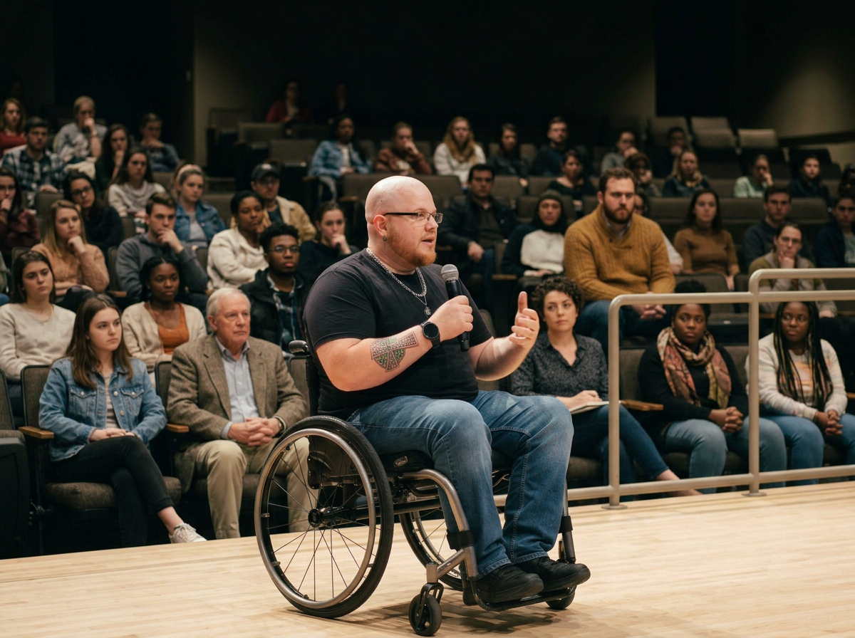 A man in a wheelchair speaking into a microphone in front of an audience seated in rows.