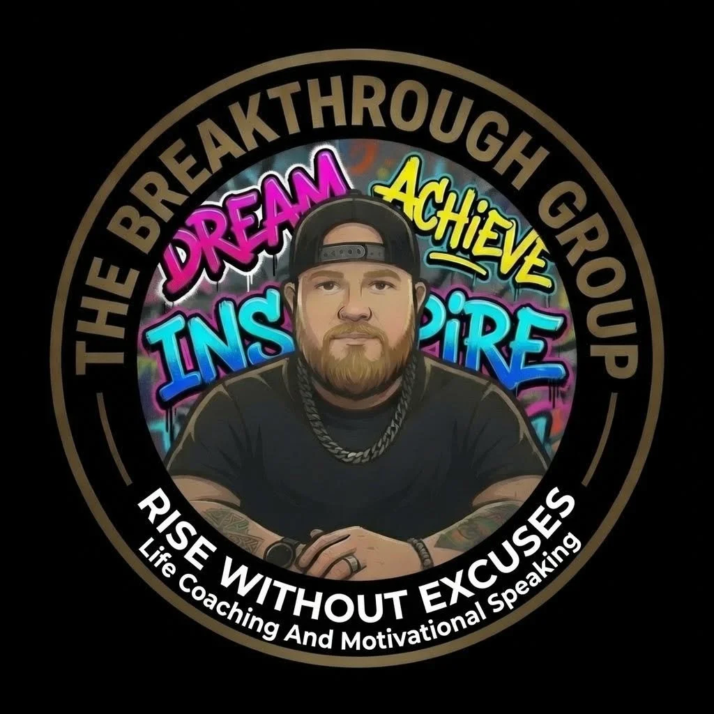 Logo featuring a digitally illustrated man in a black cap, chain, and black shirt, surrounded by colorful words like Dream, Achieve, Inspire, and Ignite, with motivational quotes such as 'Rise Without Excuses' and 'Life Coaching and Motivational Speaking'.