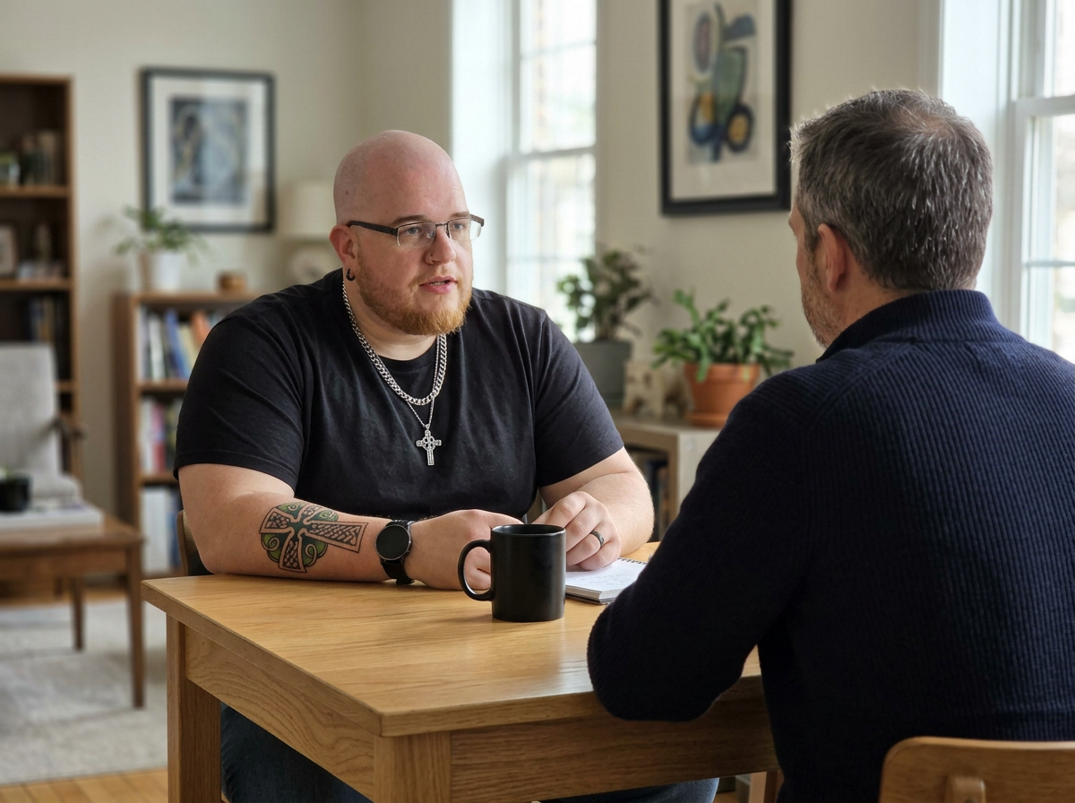Two men are having a serious conversation at a wooden table in a well-lit room with framed artwork and houseplants.