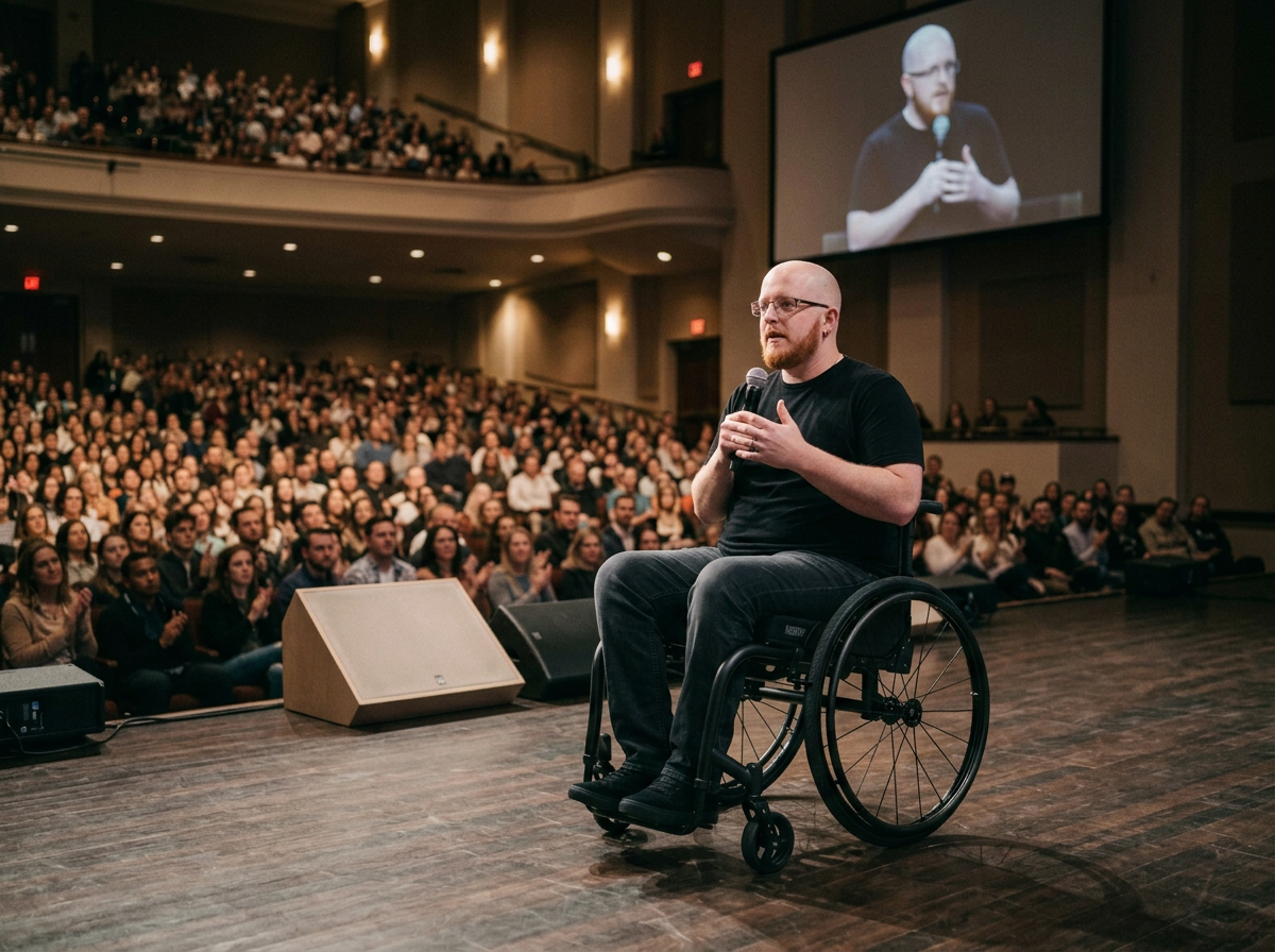 A man in a black T-shirt and glasses, seated in a wheelchair, giving a speech with a microphone in hand on a wooden stage. Behind him, a large audience is seated in an auditorium, with some clapping. A large screen above shows a close-up of the speaker.