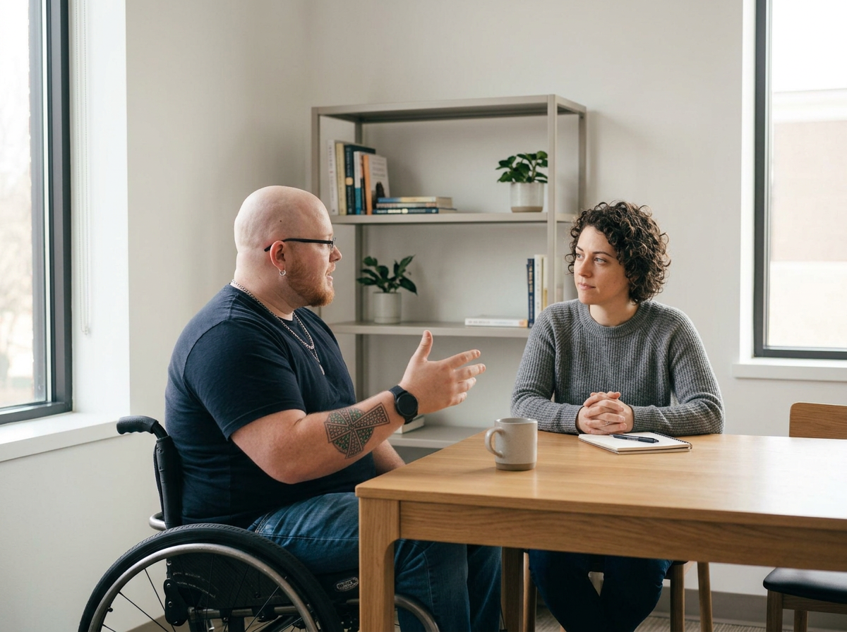 A man in a wheelchair with tattoos on his arm and glasses, engaged in conversation with a woman with curly hair, wearing a gray sweater, sitting at a desk with a notebook and pen inside a bright room with large windows and a bookshelf in the background.