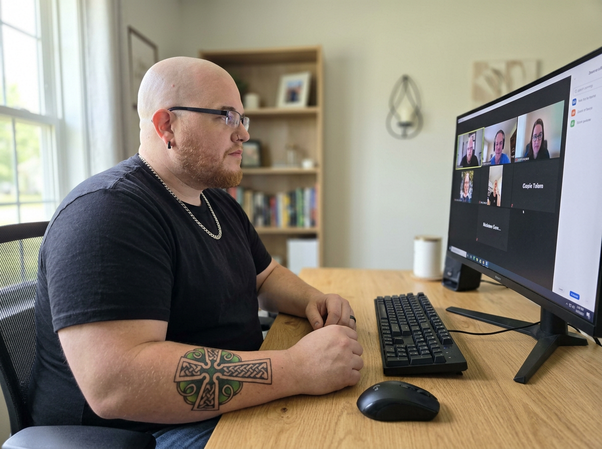 Man participating in a virtual meeting, sitting at a desk with a large monitor, keyboard, and mouse, in a well-lit home office with bookshelves.