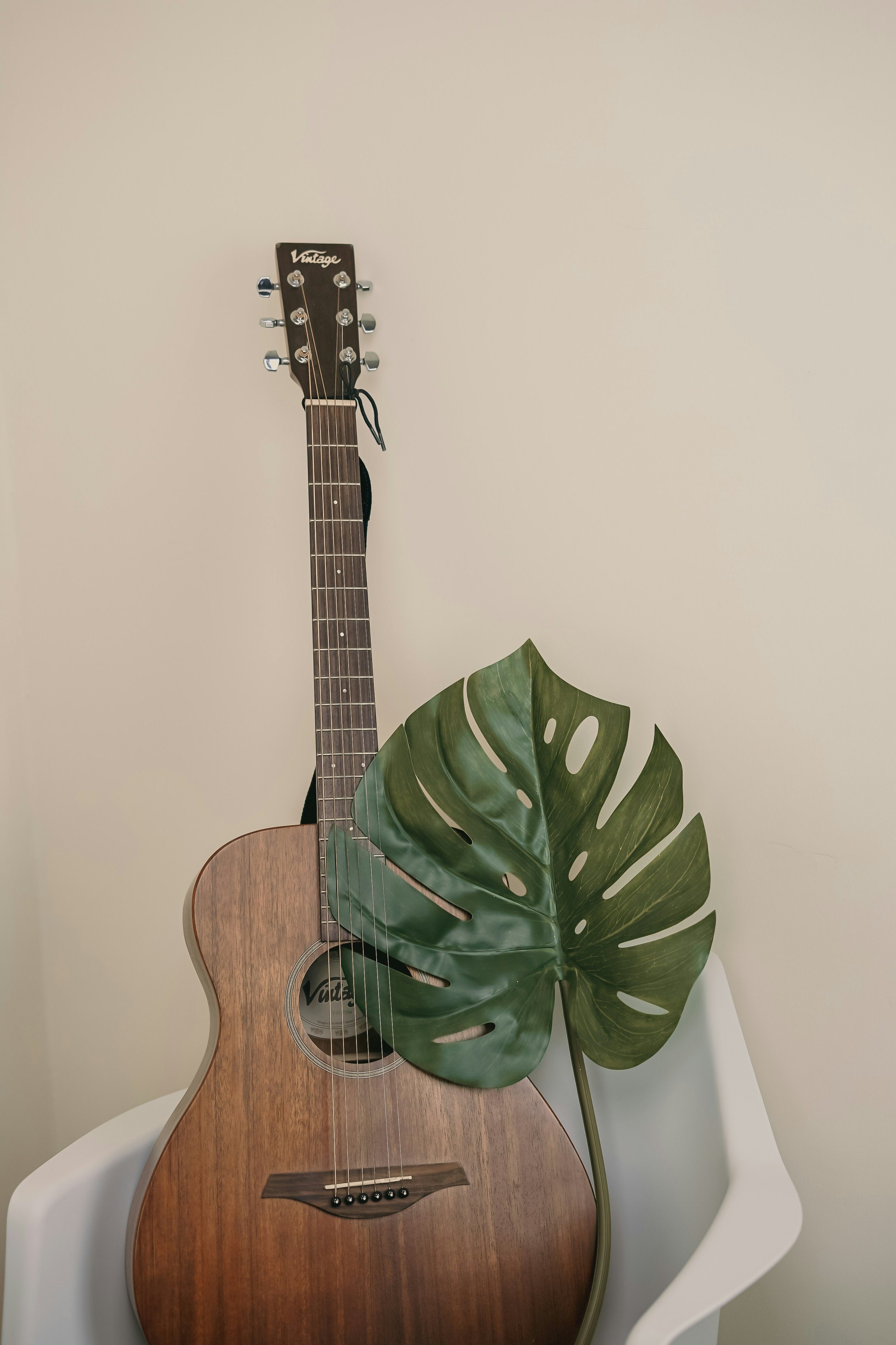 An acoustic guitar with a wooden finish resting against a white chair, partially obscured by a large green monstera leaf, with a plain light-colored wall in the background.