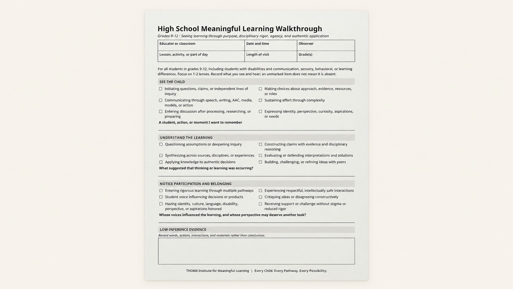 High School Walkthrough Book — THOMA tool for observing purpose, disciplinary rigor, agency, and authentic application in Grades 9–12 classrooms