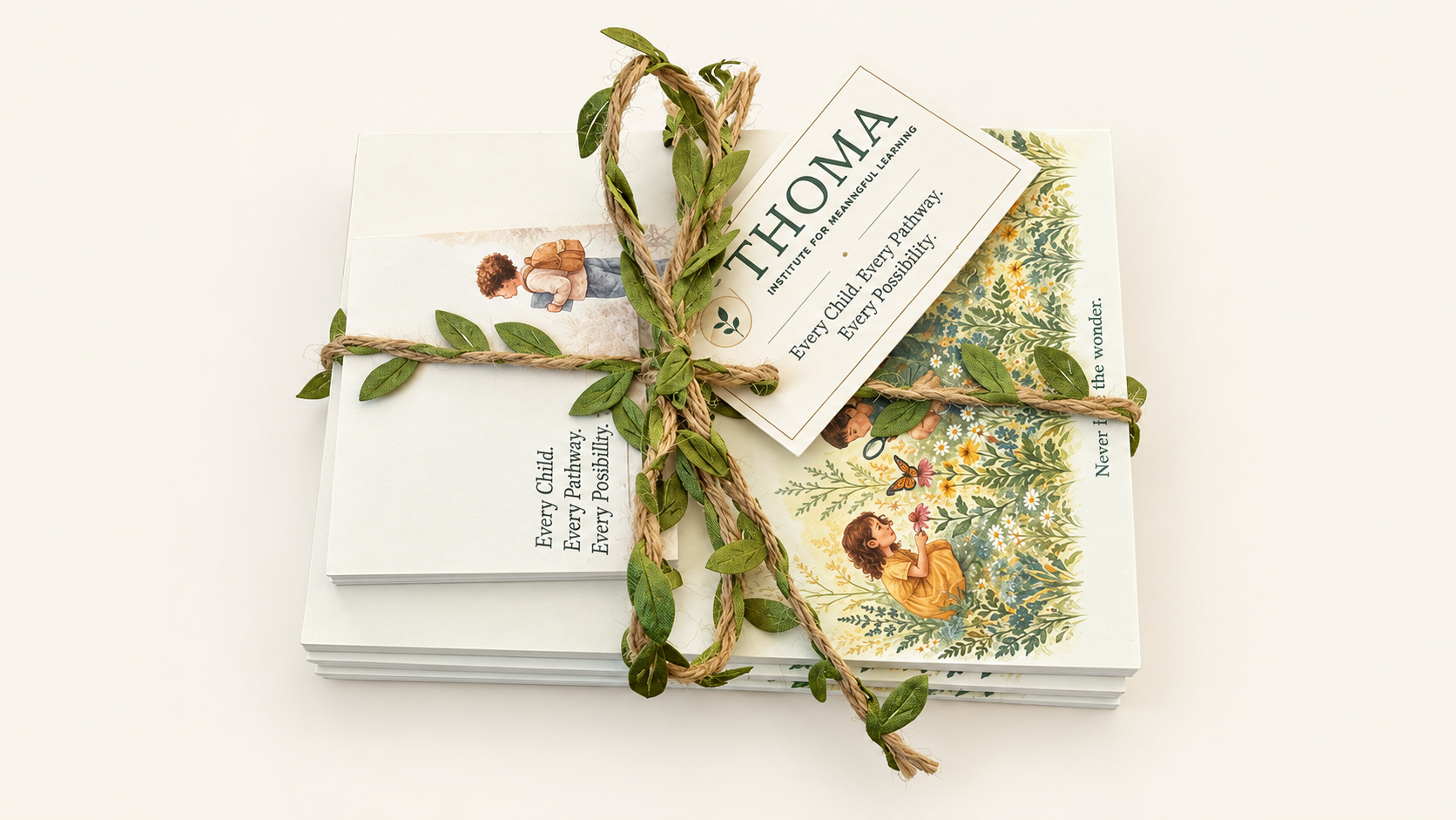 THOMA 3‑Pad Paper Set — includes three 50‑sheet notepads and two sticky note packs tied with leafy ribbon, inspired by meaningful participation and learning