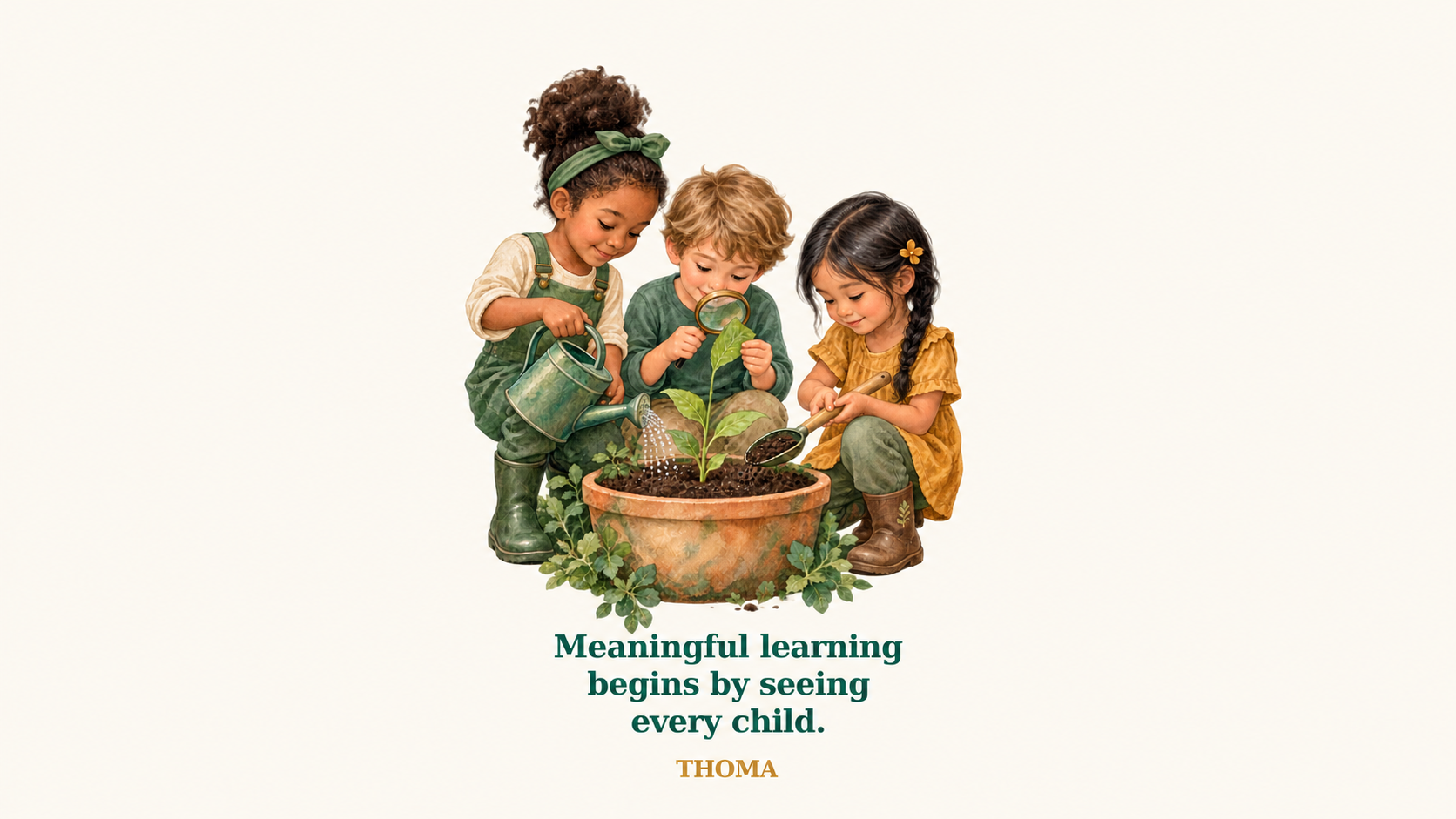 THOMA Sticker Set of 3 — illustrated stickers featuring THOMA messages about meaningful learning, inclusion, and belonging; approximately 3 inches tall with white borders