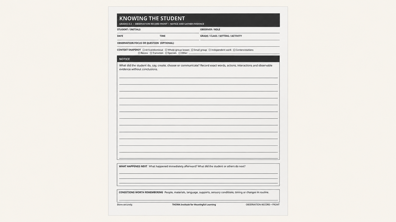 THOMA Early Elementary Student Observation Book — spiral‑bound Grades K–2 tool with guided pages for noticing learning behaviors, documenting communication, and planning responsive support.