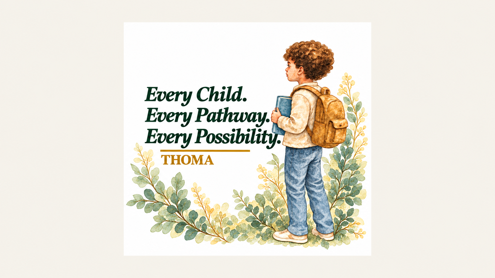 THOMA Large Cotton Tote Bag — features THOMA artwork and the signature message “Every Child. Every Pathway. Every Possibility,” sized for books, teaching materials, and everyday essentials