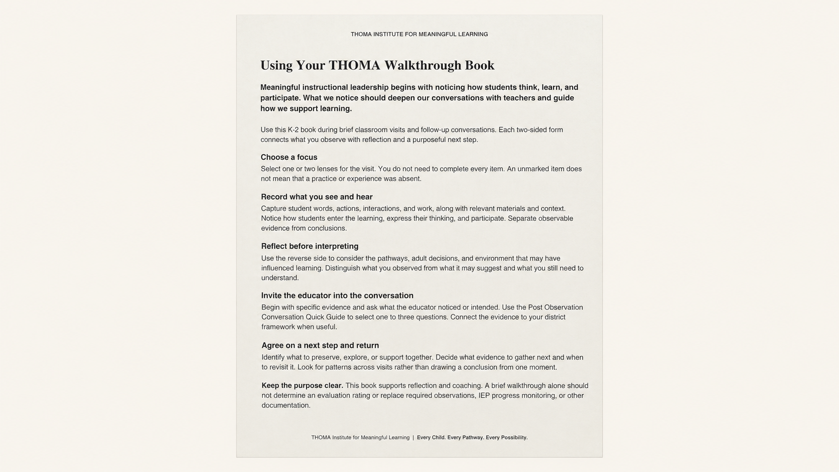 THOMA Early Elementary Walkthrough Book — spiral‑bound Grades K–2 tool for school leaders to observe participation, inquiry, and purposeful practice and guide reflective instructional conversations..