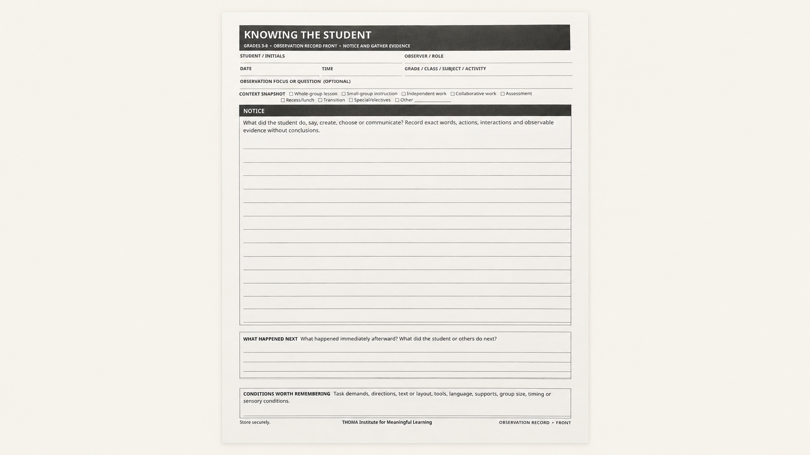 THOMA Later Elementary Student Observation Book — spiral‑bound Grades 3–6 tool with guided pages for noticing learning patterns, documenting engagement, and planning responsive support.