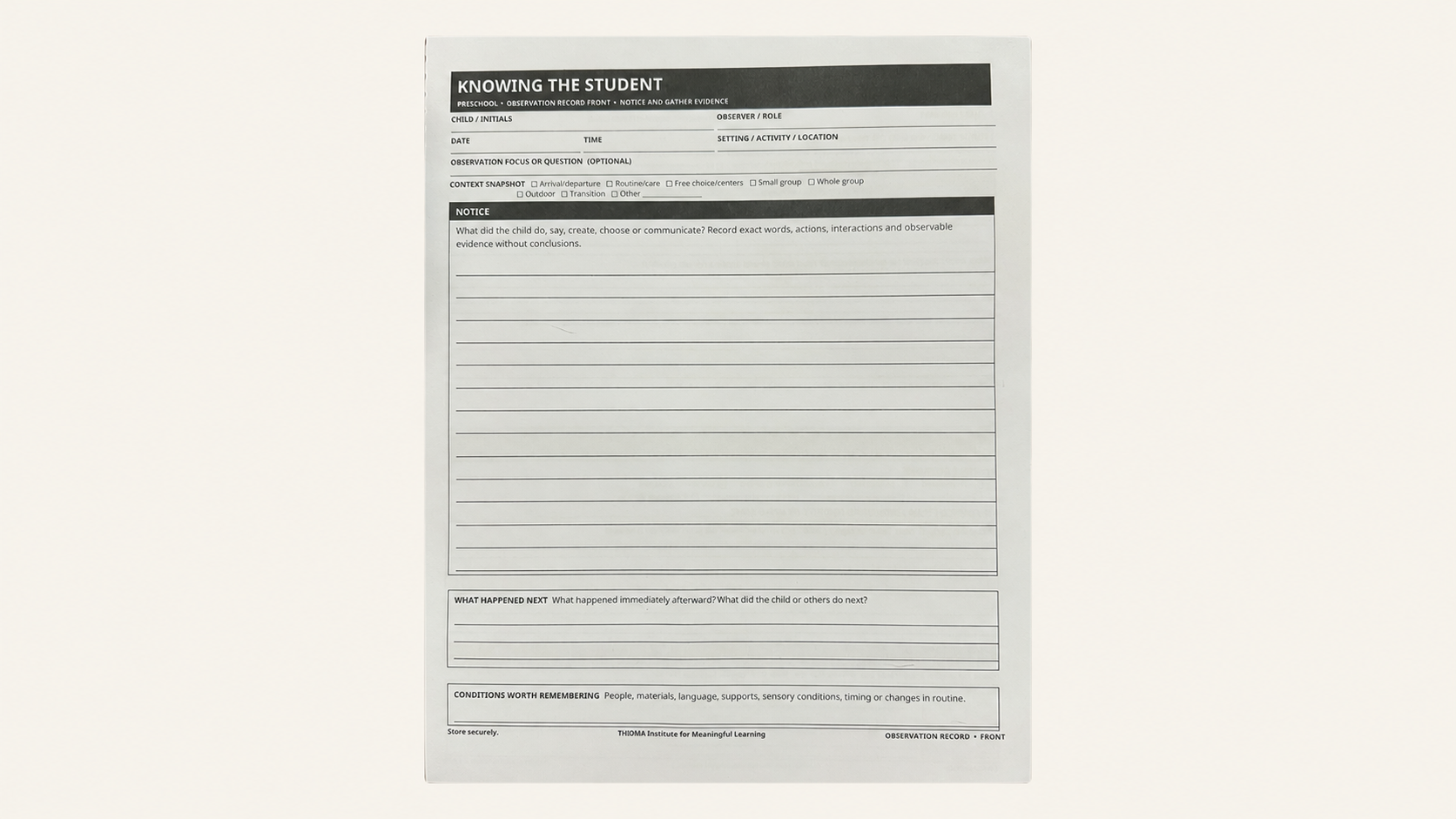 “THOMA Preschool Observation Book — spiral‑bound tool with guided pages for noticing early learning behaviors, documenting communication, and planning responsive support