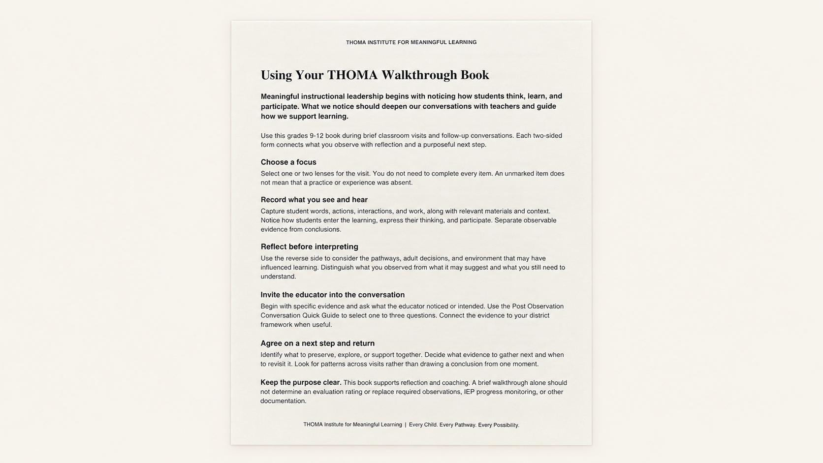 High School Walkthrough Book — THOMA tool for observing purpose, disciplinary rigor, agency, and authentic application in Grades 9–12 classrooms