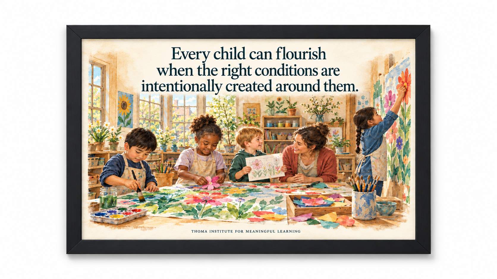 THOMA Elementary School Culture Art Collection 1 — framed 24×36 illustrated pieces featuring messages about belonging, meaningful participation, and diverse pathways into learning