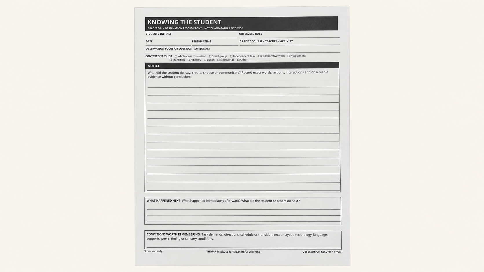 THOMA Middle School Student Observation Book — spiral‑bound Grades 6–8 tool with illustrated pages for noticing learning patterns, documenting engagement, and planning responsive instruction.
