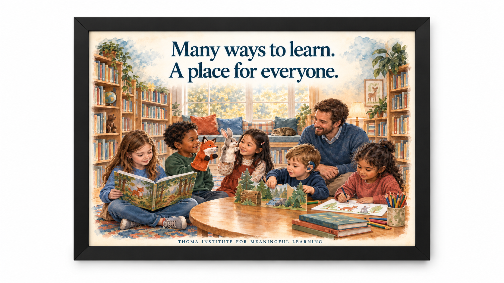 THOMA Elementary School Culture Art Collection 1 — framed 24×36 illustrated pieces featuring messages about belonging, meaningful participation, and diverse pathways into learning